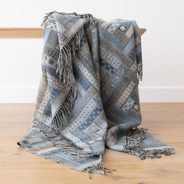Blue Patterned Merino Wool Throw