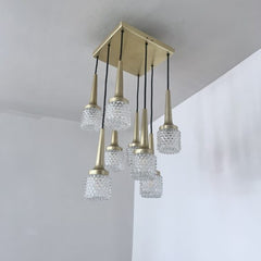 1970s Mid-Century Czech Brass Multi Pendant Chandelier