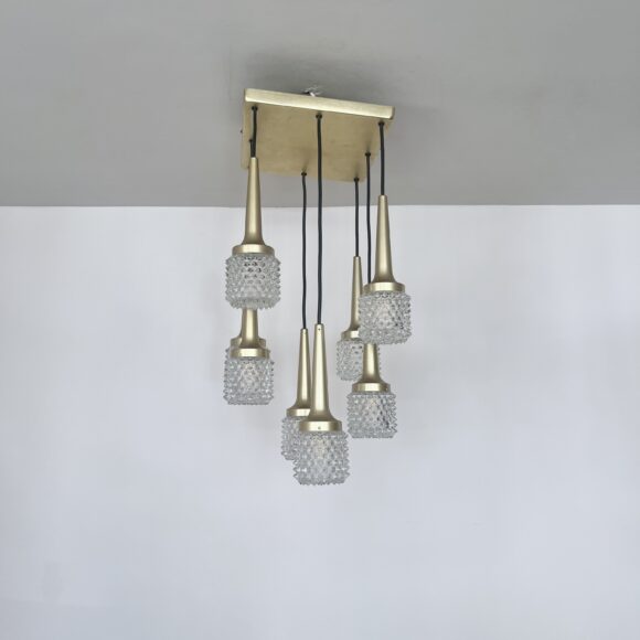 1970s Mid-Century Czech Brass Multi Pendant Chandelier