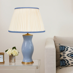 Rosana Lonsdale Pleated Ivory Linen Lampshade with Blue Coloured Trim