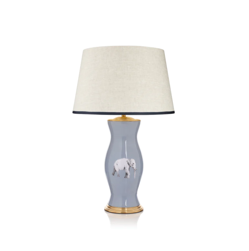 Rosana Lonsdale Stretched Ivory Linen Lampshade with Dark Blue Coloured Trim 