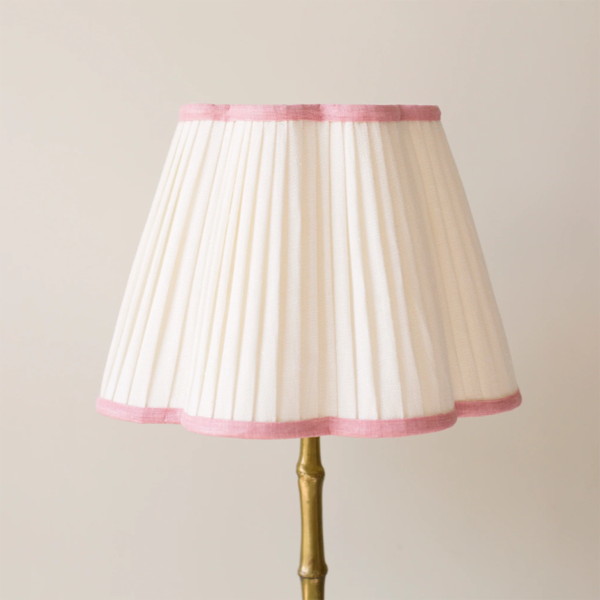 Scalloped Ivory Linen Lampshade with a Rose Pink Trim- Patton House