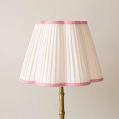 Scalloped Ivory Linen Lampshade with a Rose Pink Trim- Patton House