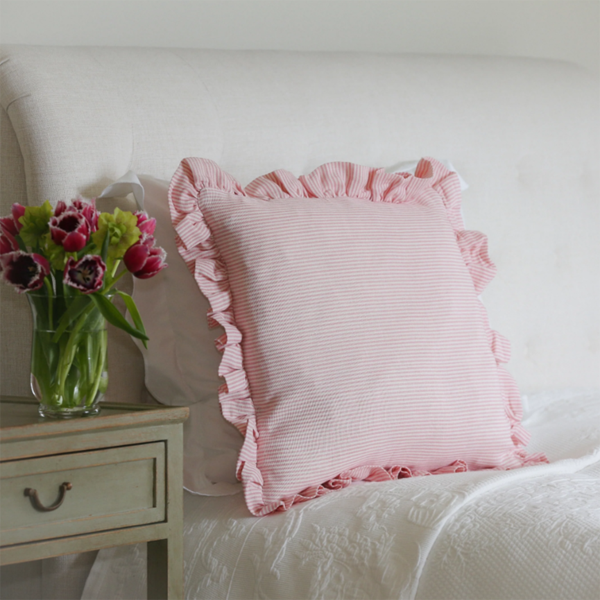 Striped Square Ruffle Cushion in Rose Pink & Ivy Patton House