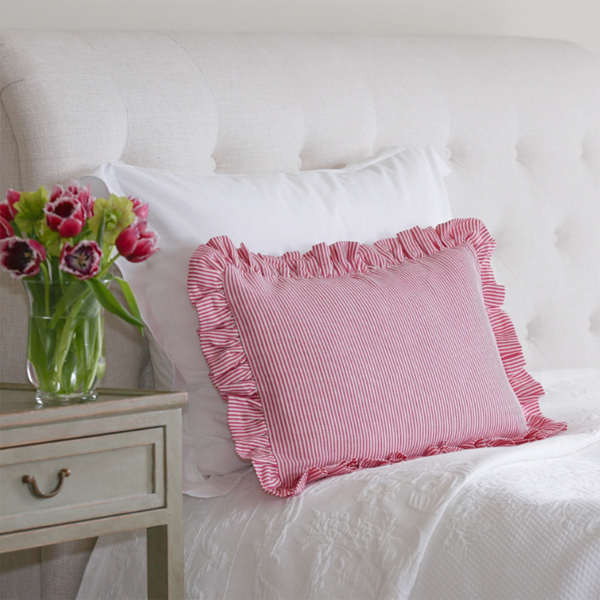 Striped Oblong Ruffle Cushion in Raspberry & Ivy Patton House