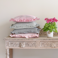 Striped Oblong Ruffle Cushion in Raspberry & Ivy Patton House