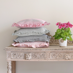 Striped Oblong Ruffle Cushion in Rose Pink & Ivy Patton House