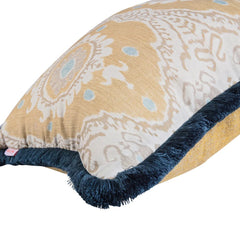 Kelling Home, Natural Yellow & Cornflower Blue Ikat Fringed Square Cushion