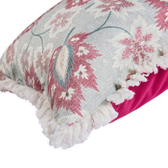 Kelling Home- Floral Blue, Pink & Cream Square Cushion With Calico Fringe & Fuchsia Velvet Back