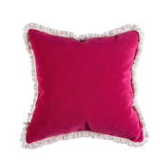 Kelling Home- Floral Blue, Pink & Cream Square Cushion With Calico Fringe & Fuchsia Velvet Back