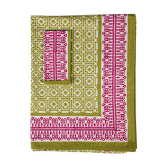 Kelling Home, Peridot Alotablot Tablecloth with Pink Border- Napkins Included