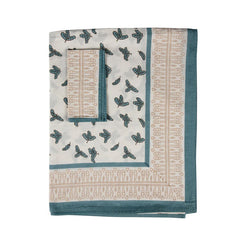 Teal Little Oak Leaf Tablecloth with Putty Border- Napkins Included