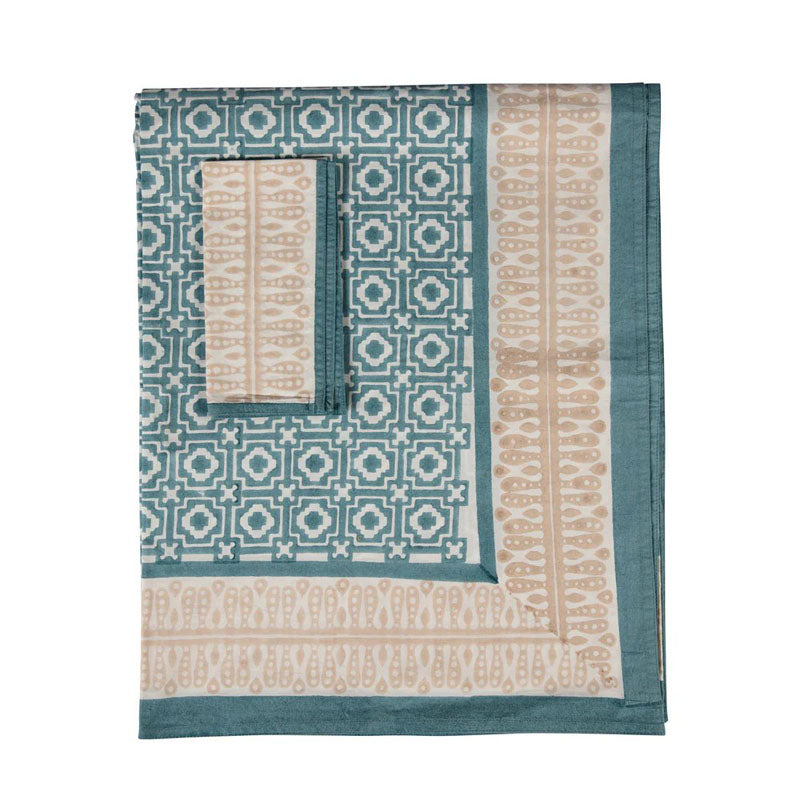 Teal Alotablot Tablecloth with Putty Border- Napkins Included
