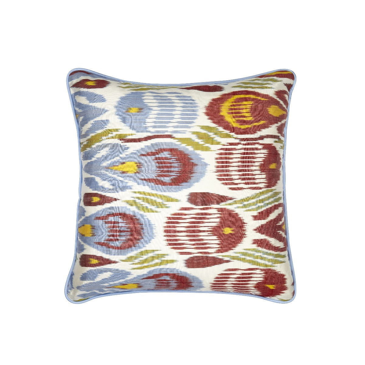 Luxury Silk Square Green, Red, Blue and Yellow Ikat Cushion
