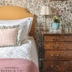 Scalloped Ivory Linen Lampshade with Sage Trim- Patton House