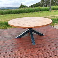 solid oak and steel round garden dining table