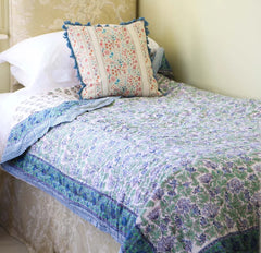 Kelpie' Handblock Printed Blue & Green Floral Quilt with Striped Border