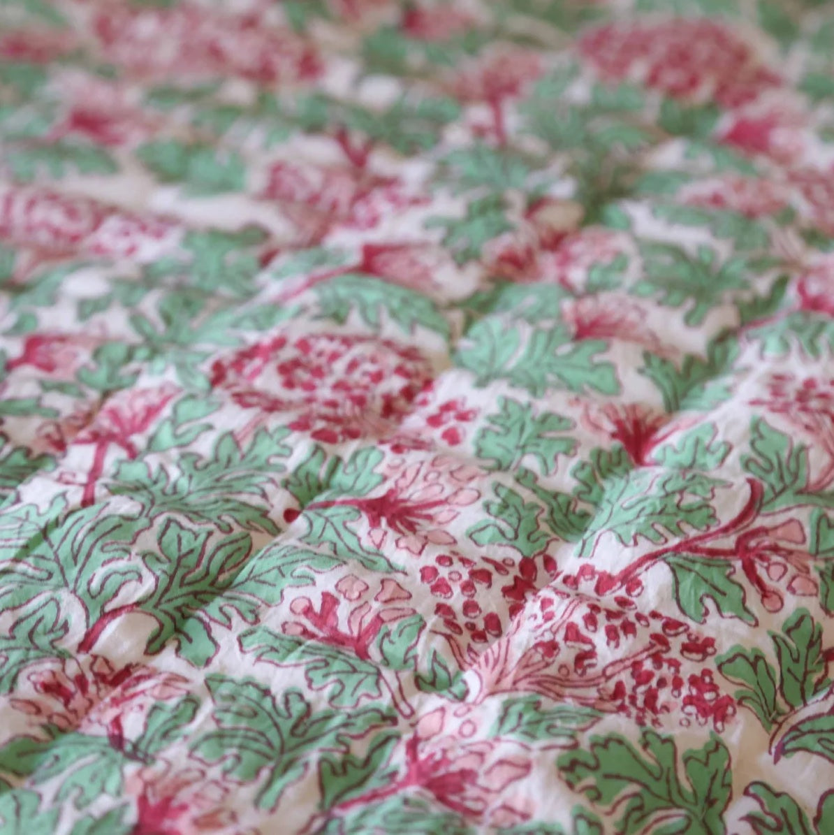 Kelpie' Handblock Printed Pink & Green Floral Quilt with Striped Border