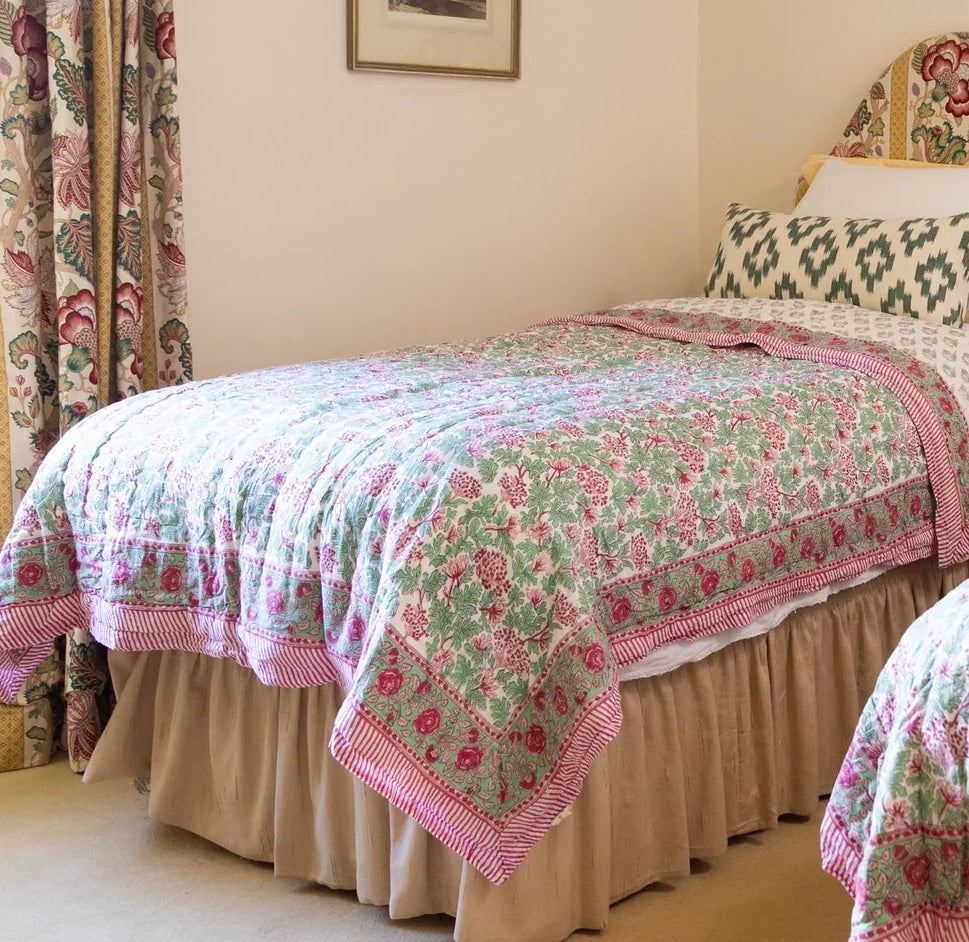 Kelpie' Handblock Printed Pink & Green Floral Quilt with Striped Border