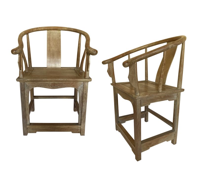 Pair of Mid-Century Chinese Hiorseshoe Armchairs in Pickled Elm