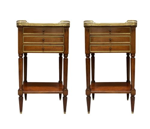 A Pair Of Mahogany & Marble Top Louis XVI Style Night Stands | Antique Bedside Tables