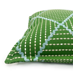 Oberon Glade | Green Embroidered Diamond Pattern Cushion | Linwood
