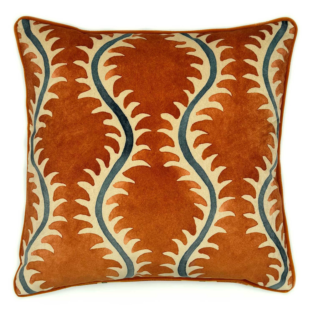 Helter Skelter Paprika Velvet Cushion | Orange & Navy | Linwood