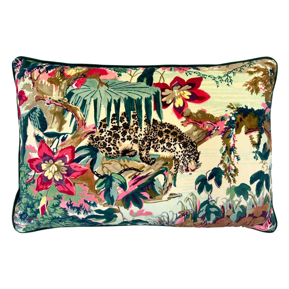 Jungle Rumble | Pink & Green Velvet Cushion | Linwood
