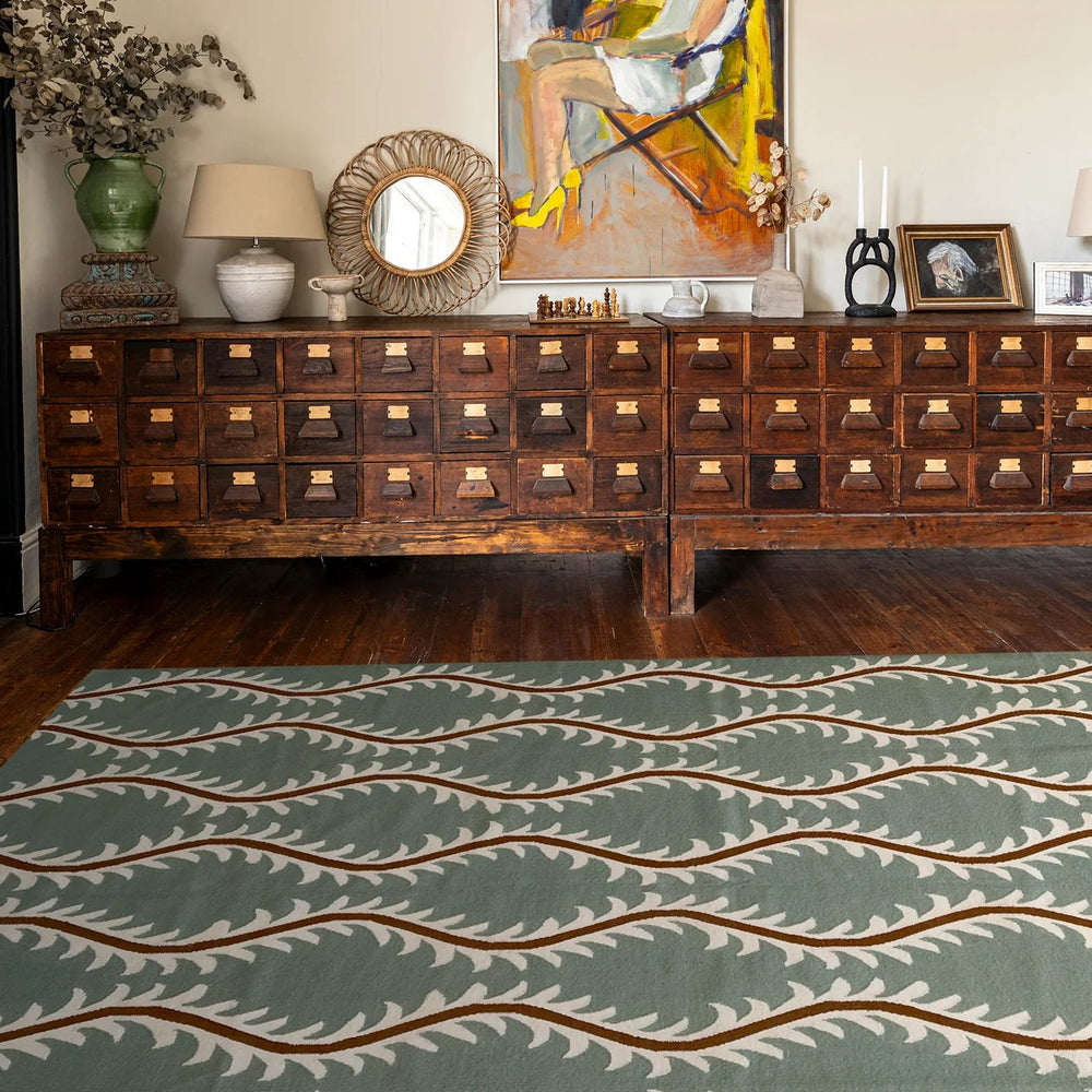 Linwood Helter Skelter Flatweave Wool Green Rug | Amy Kent