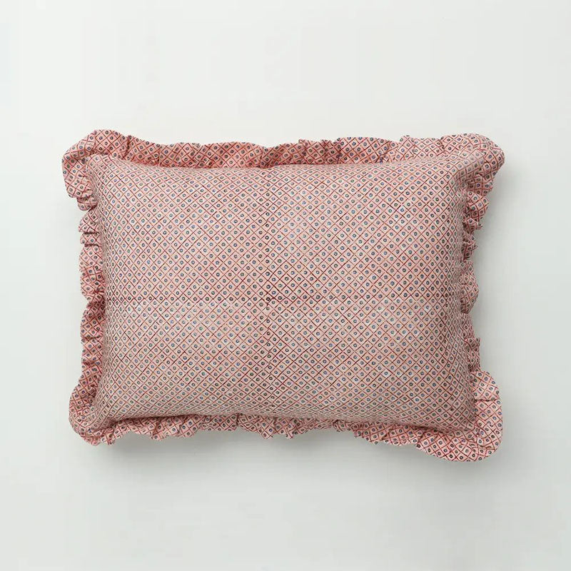 Kelling Home, Pink Dot & Grid Block Printed Ruffled Cushion Cover