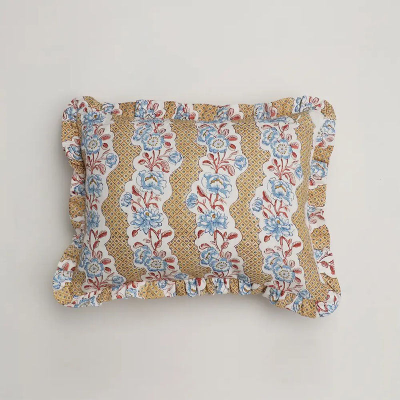 Kelling Home, Yellow Blooming Trellis Block Printed Ruffled Cushion Cover