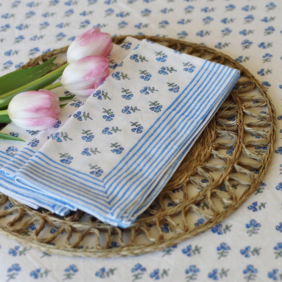 Blue 'Ditsy' Floral Hand Block Printed Tablecloth