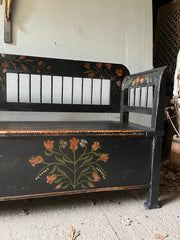 Antique Folk Art Box Bench | Black & Decorated with Tulips