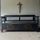 Antique Folk Art Box Bench | Black & Decorated with Tulips