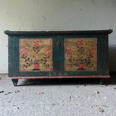 Antique Folk Floral Art Green Painted Marriage Chest