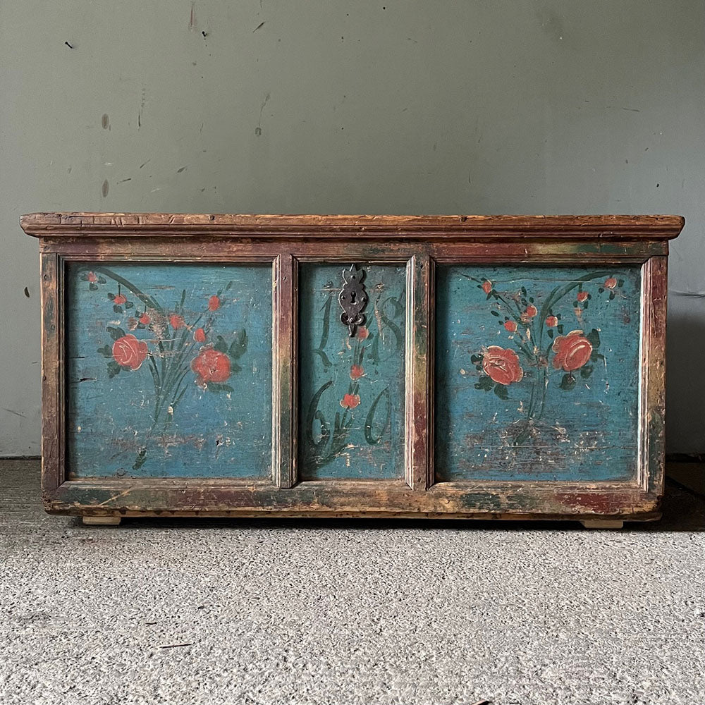 Antique Marriage Chest in Blue with Red Roses