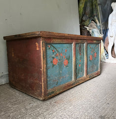 Antique Marriage Chest in Blue with Red Roses