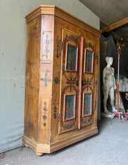 Antique Pine Folk Art Marriage Cupboard with Flowers