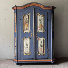 Antique Pine Marriage Cupboard with Neoclassical Motifs on Blue | John Cornall