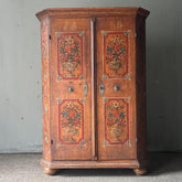 Antique Pine Folk Marriage Cupboard Decorated with Urns & Flowers