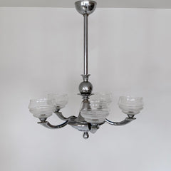 Art Deco Chromed Chandelier With Textured Glass Shades