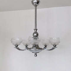 Art Deco Chromed Chandelier With Textured Glass Shades