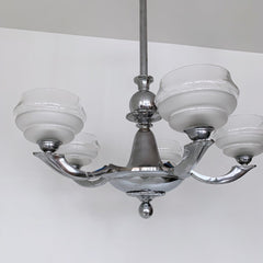 Art Deco Chromed Chandelier With Textured Glass Shades