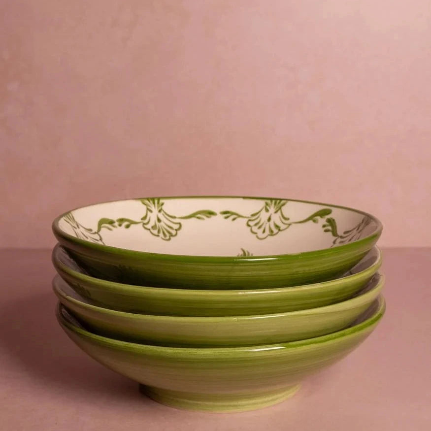 Set of 4 Hand-painted Green Shell Pasta Bowls | Casa by JJ