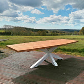 Solid Oak Curved Table with Steel Cross Legs