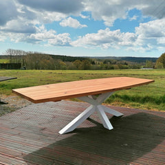 Solid Oak Curved Table with Steel Cross Legs