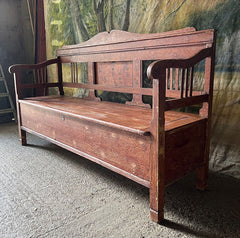 Decorative Antique Folk Box Bench/ Settle in Original Terracotta Paint