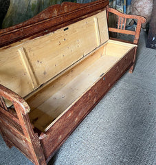 Decorative Antique Folk Box Bench/ Settle in Original Terracotta Paint