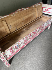 Antique Folk Floral Art Painted Box Bench in Red and White | John Cornall