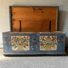Delightful Folk Art Painted Marriage Box with Wild Flowers on Blue & Cream